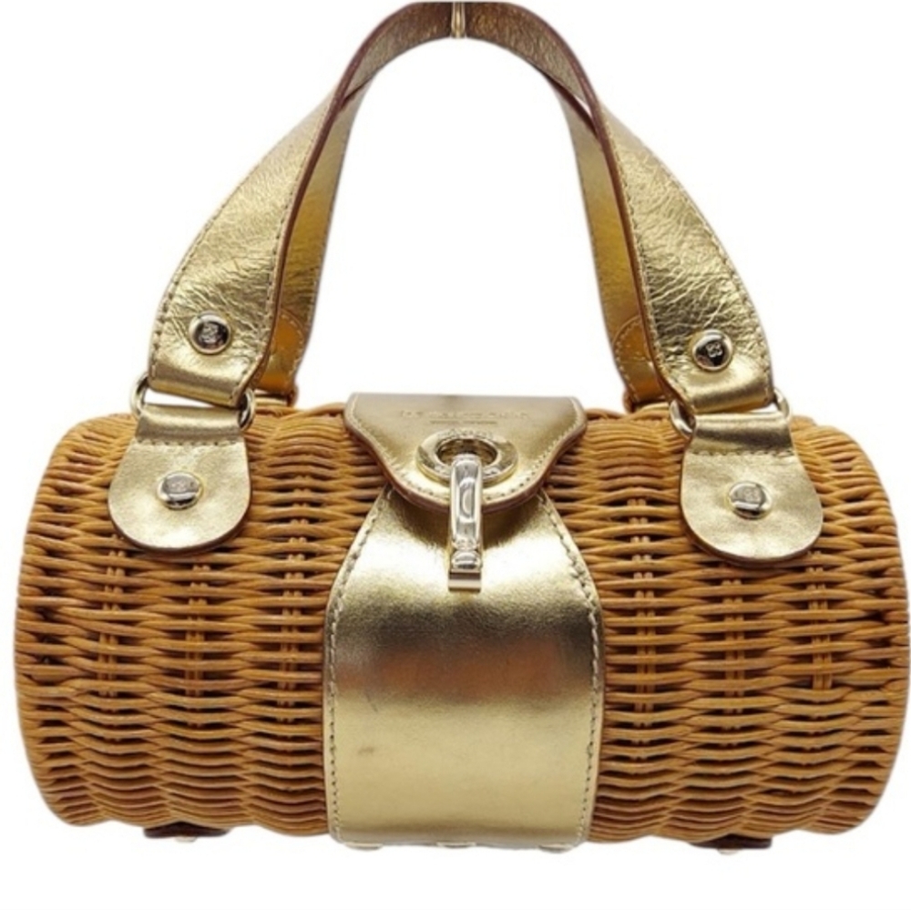 Vintage Kate Spade Woven Barrel Handbag - Gold And Tan & Tiger Eye Earrings